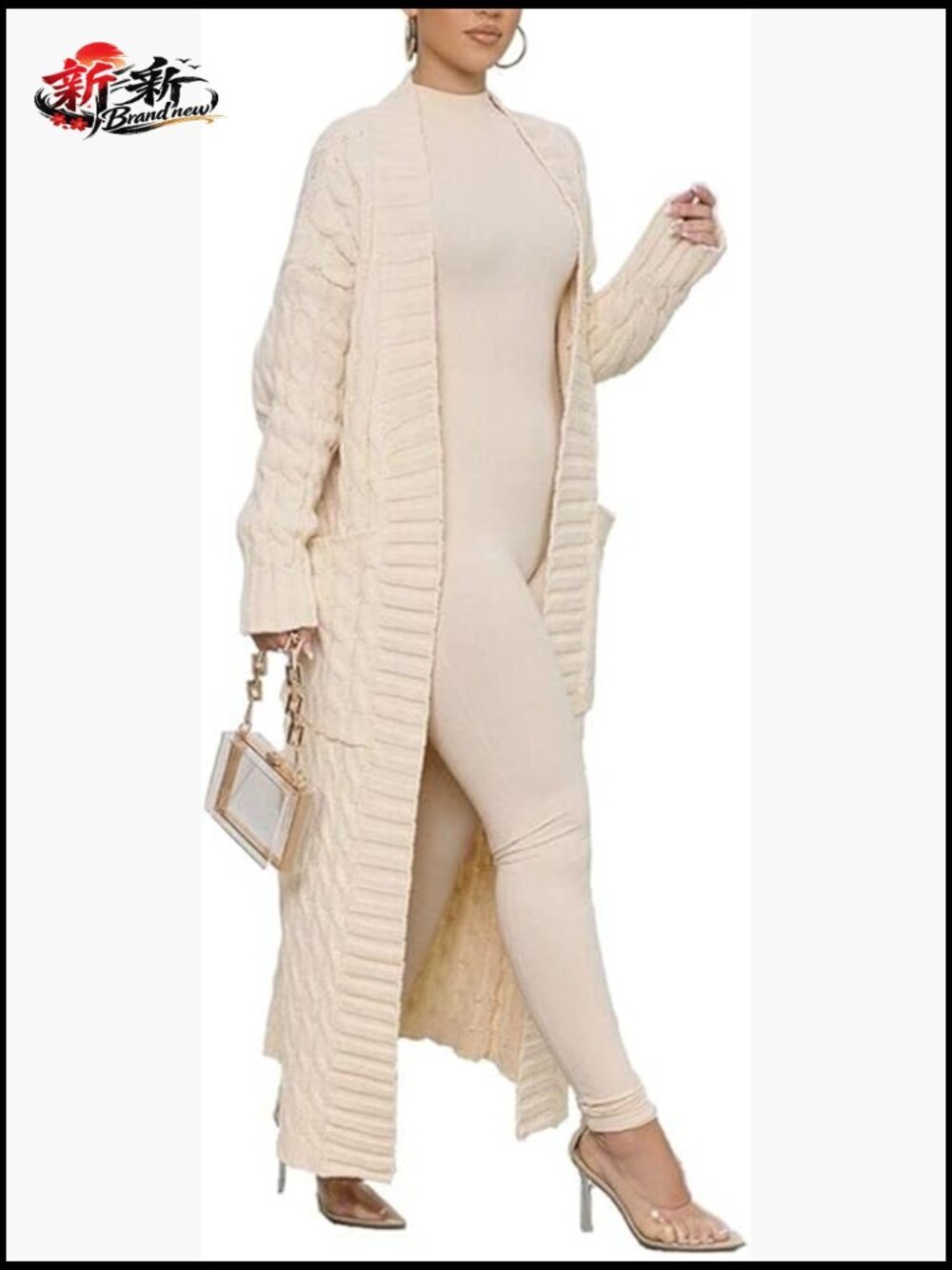 Open Front Long Sleeve Chunky Cable Knit Duster Cardigan with Pockets